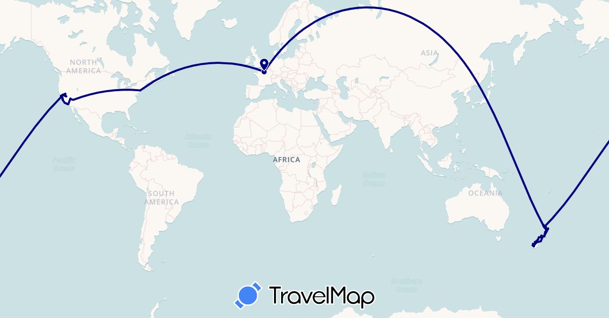 TravelMap itinerary: driving in France, Japan, New Zealand, United States (Asia, Europe, North America, Oceania)
